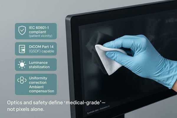 An image showing the IEC 60601-1 certification mark next to an AR-bonded glass panel.