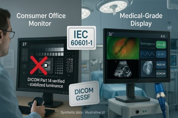 Side-by-side comparison of a consumer office monitor and a medical-grade display in a hospital; IEC 60601-1 and DICOM Part 14/GSDF highlighted with 12G-SDI connector