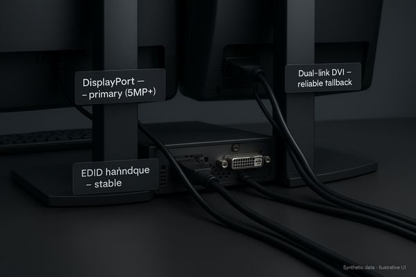 A clean cable management setup behind a medical workstation, showing direct DP and DVI connections without adapters.