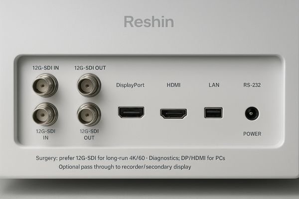 A photo of the back of a medical monitor showing a wide array of input ports, including 12G-SDI, DisplayPort, and HDMI, with labels for each.