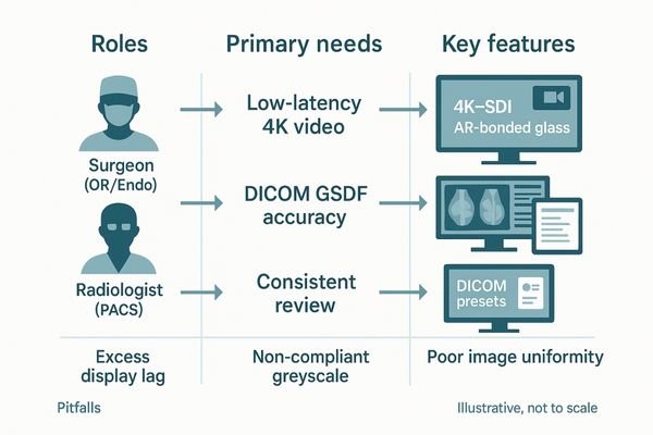 An infographic or flowchart matching user roles (Surgeon, Radiologist, Clinician) to specific monitor types and features.