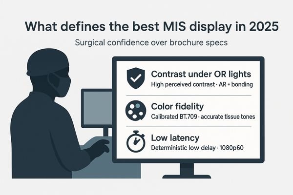 A conceptual image showing a surgeon's confident view with icons for contrast, color accuracy, and low latency.