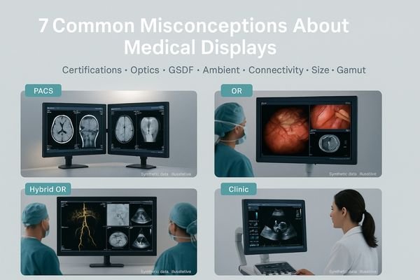 A collage of medical displays used in different clinical settings like PACS and the OR.
