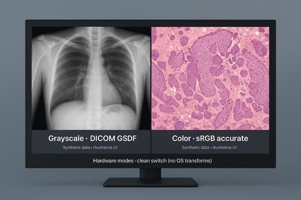 A split-screen monitor showing a DICOM-calibrated X-ray on one side and a color-accurate pathology slide on the other.
