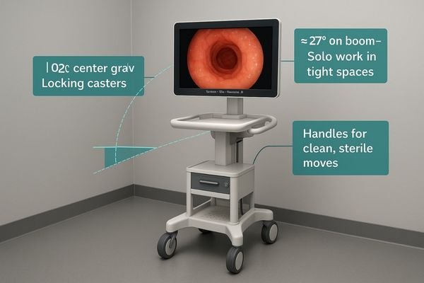 A mobile endoscopy cart with a 27-inch monitor, positioned for a solo procedure in a tight space.