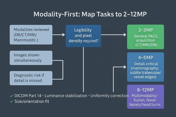 A flowchart demonstrating a modality-first approach to selecting a PACS display, from clinical need to MP tier.