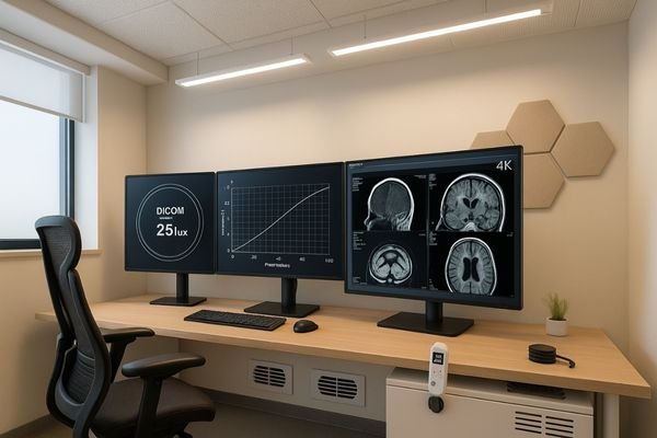 Modern radiology reading room with controlled 25–50 lux lighting, DICOM-compliant 4K medical monitors, ergonomic workstation setup