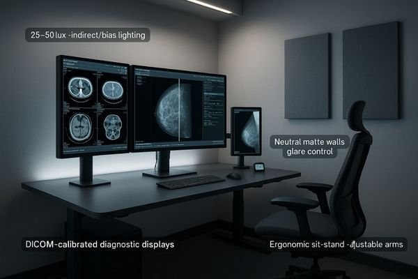 A wide-angle view of a modern, ergonomically designed radiology reading room with controlled lighting.