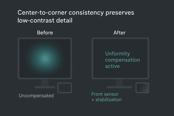 A graphic illustrating how uniformity compensation ensures the center and corners of a screen have the same brightness and color.