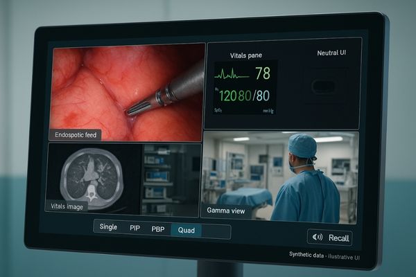 A 4K surgical display showing a quad-view layout with an endoscopic feed, vitals monitor, PACS image, and operating room camera.