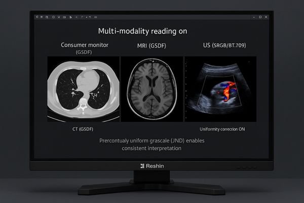 A diagnostic monitor displaying a CT scan, an MRI, and a color Doppler ultrasound side-by-side.