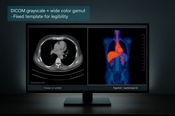 A large medical display showing a split-screen layout with a grayscale CT on one side and a color-fused PET/CT on the other.