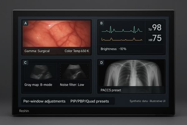 A monitor screen showing a quad-view layout with different image settings (e.g., gamma, color) for each of the four windows.