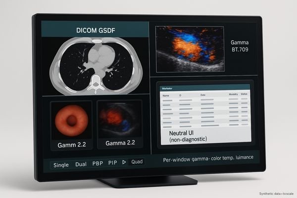 A fusion display showing four windows: a DICOM-calibrated CT scan, a color Doppler ultrasound, an endoscopy video, and patient data.