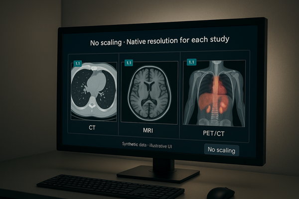 A PACS workstation with a single high-resolution monitor displaying CT, MRI, and PET images simultaneously in separate windows.