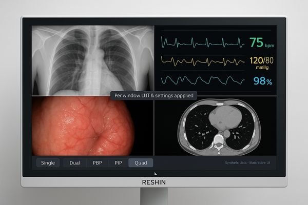 An image of a large medical display showing a quad-view layout with four different video sources.