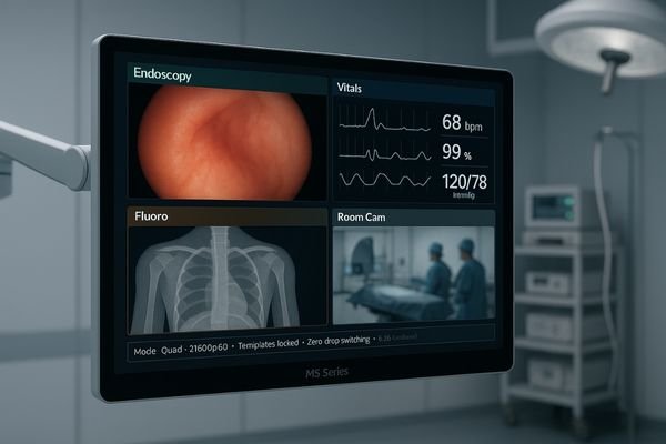 An advanced surgical monitor displaying a quad-view layout with endoscopy, vitals, fluoro, and room cam feeds.