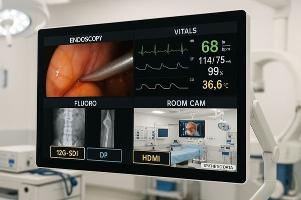 Surgical monitor in an endoscopy suite showing a fixed quad-view layout—Endoscopy, Vitals, Fluoro, and Room Cam—with 12G-SDI, DP, and HDMI labels