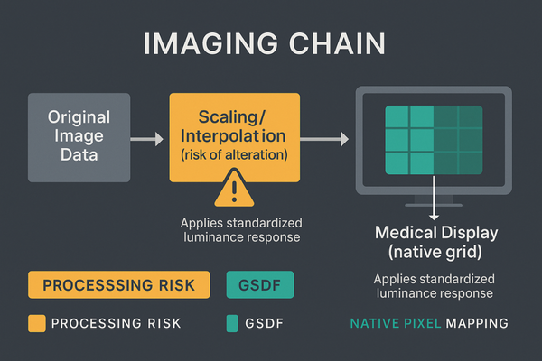 A diagram illustrating the imaging chain: Image Data → Scaling (Potential Corruption) → DICOM GSDF → Display.