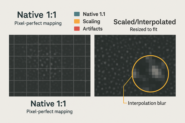 An illustration showing a 1:1 pixel mapping (native resolution) versus a scaled image with interpolation artifacts.