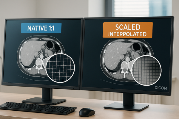 Radiology monitor comparison showing native 1:1 pixel mapping vs scaled image with interpolation blur and artifacts, emphasizing diagnostic accuracy