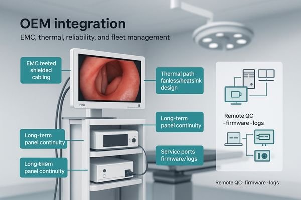 A diagram illustrating a surgical tower with an integrated endoscopy monitor, highlighting EMC and thermal stability.