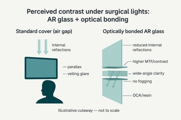 A cross-section diagram comparing a display with an air gap to one with optical bonding, showing reduced reflections.