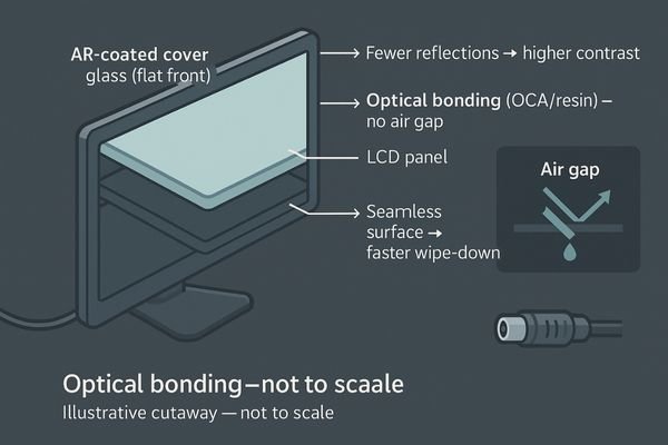 A cross-section diagram showing how optical bonding eliminates the air gap in a monitor.