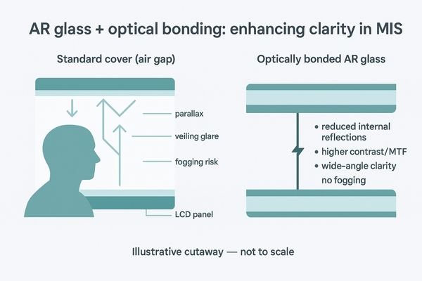 A cross-section diagram comparing a display with an air gap to an optically bonded display, showing reduced glare.