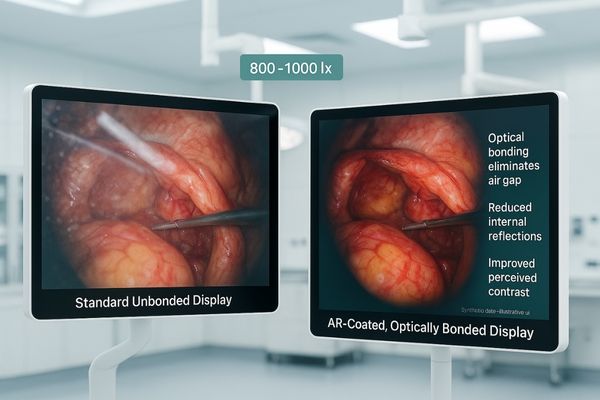 A side-by-side demonstration of a screen with optical bonding versus a standard screen under bright ambient light.