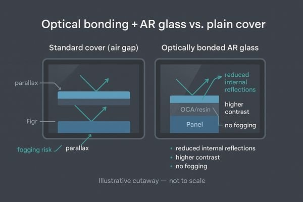 A cross-section diagram showing the difference between a standard air-gap display and an optically bonded display.