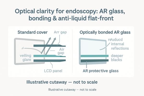 A cross-section diagram showing optical bonding and AR glass on a surgical monitor, reducing glare.