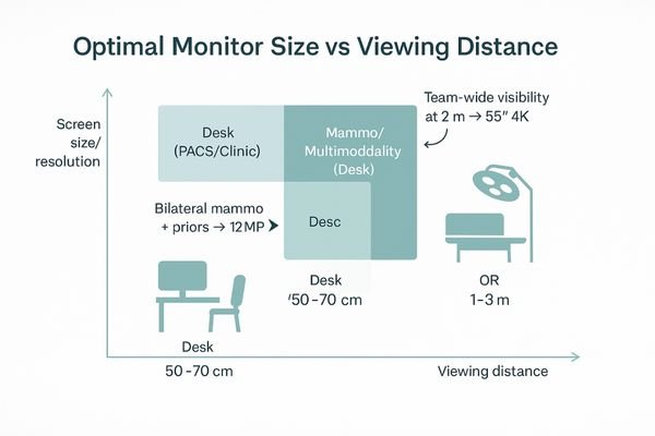 A diagram illustrating optimal viewing distances for different monitor sizes and resolutions in a clinical setting.