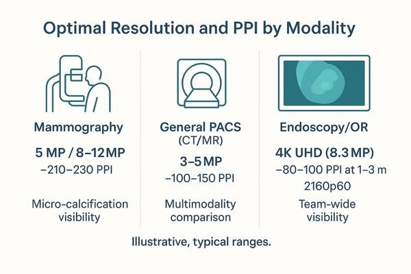 An infographic matching medical modalities (Mammography, PACS, Endoscopy) to their ideal display resolutions and pixel density (PPI).