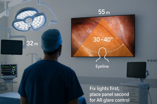 OR scene showing a surgeon facing a 55″ wall-mounted display centered at eyeline within a 30–40° viewing cone; nearby 32″ arm monitor and 27″ cart screen; note “Fix lights first for AR glare control.”