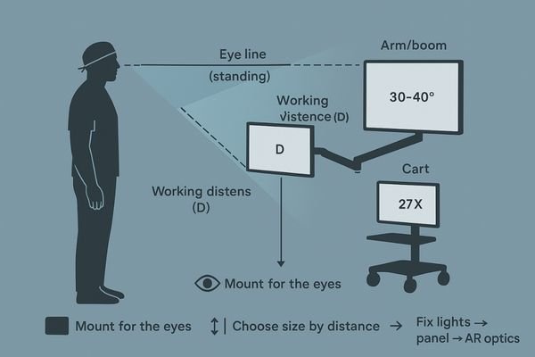 An ergonomic diagram showing the optimal viewing cone and eye line for a surgeon in an OR.