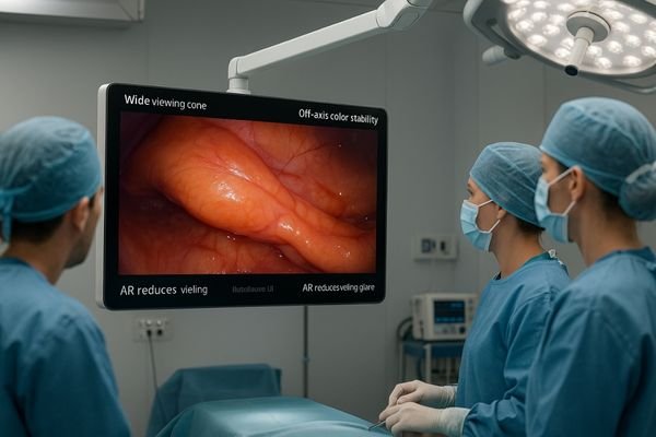 A surgical team viewing a boom-mounted 4K monitor from various angles, all seeing a clear, consistent image.