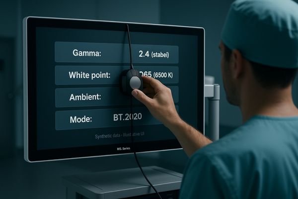 A technician calibrating a monitor's white balance in a controlled ambient light environment.
