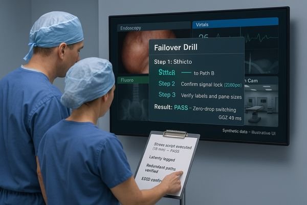 An image of a team conducting a failover drill in an OR, pointing to a checklist.