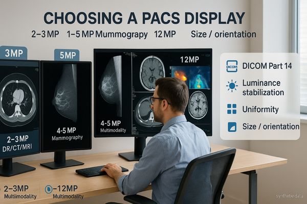 Radiology reading room with multiple PACS displays labeled 2–3MP (general), 4–5MP (mammography/detail), and 8–12MP (multimodality), with notes on DICOM Part 14, luminance stabilization, and uniformity