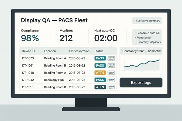 A PACS administrator's dashboard showing the calibration status and history for all monitors across a hospital network.