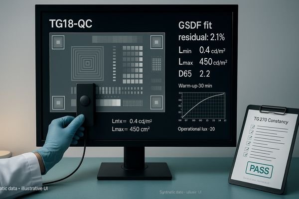 Physicist measuring a TG18-QC test pattern on a PACS diagnostic monitor with a photometer to verify DICOM Part 14 GSDF; TG270 checklist visible