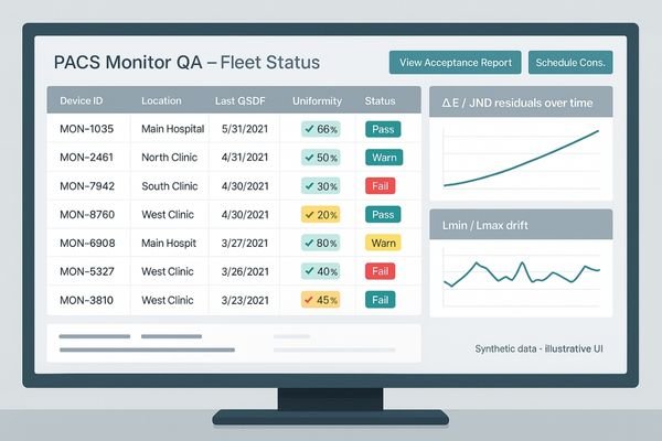 A digital dashboard showing the QA status and history for an entire fleet of medical displays.