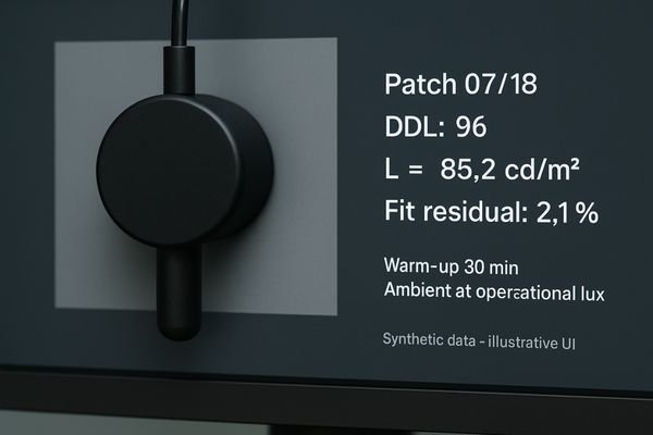 A close-up of a photometer correctly positioned on a medical display to measure a grayscale patch.