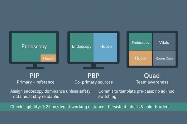 A graphic illustrating the differences between PIP, PBP, and Quad-view layouts on a monitor.