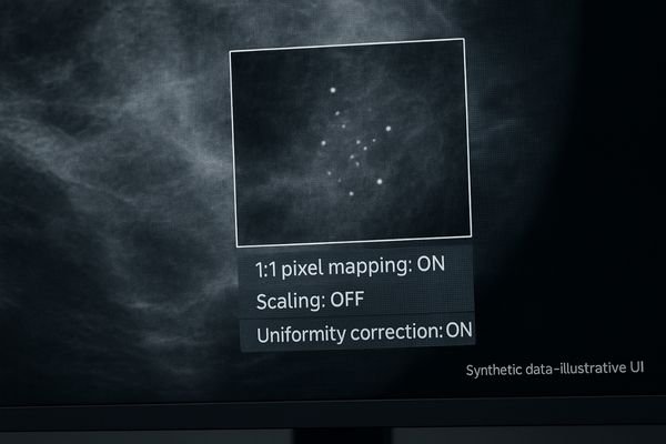 A magnified view on a monitor showing crisp, clear pixels representing micro-calcifications.