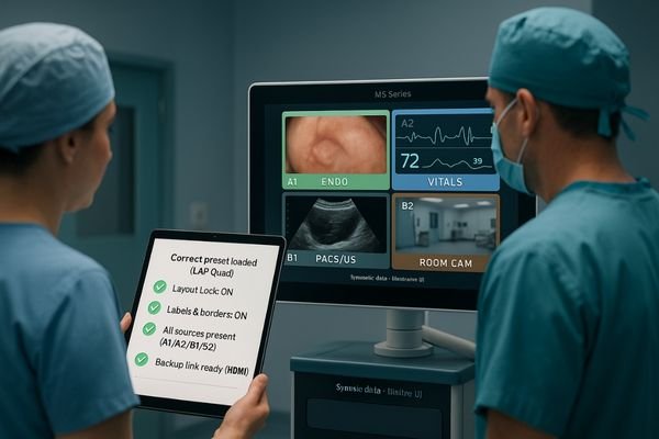 A hybrid operating room with a large 55-inch wall display showing a quad layout to the entire team.