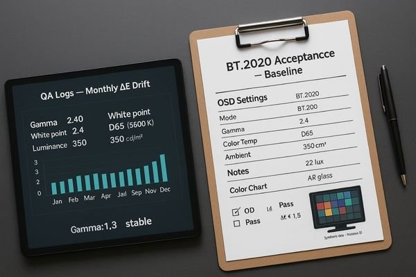 A quality assurance logbook showing monthly color drift tracking data for a surgical monitor.