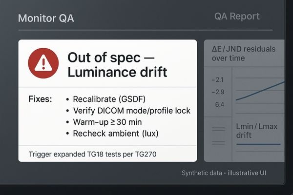 A warning icon on a QA report indicating that a monitor's luminance has drifted out of spec.