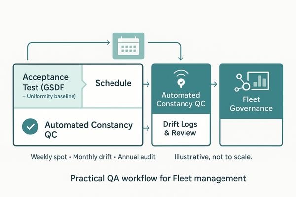 A flowchart depicting a medical display QA workflow: Acceptance Test -> Periodic Checks -> Log Review -> Fleet Governance.”><figcaption>Practical QA Workflow for Medical Display Fleet Management</figcaption></figure>
</p>
<p>Effective <a href=